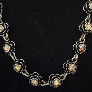 N117 - Premier Designs Silver Tone Rose Necklace – Aurora Borealis Crystal– 16"